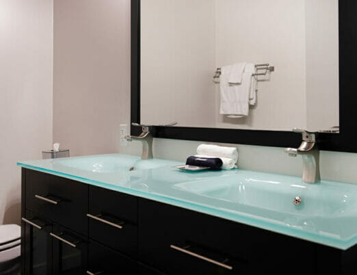 double sink vanity in hotel bathroom